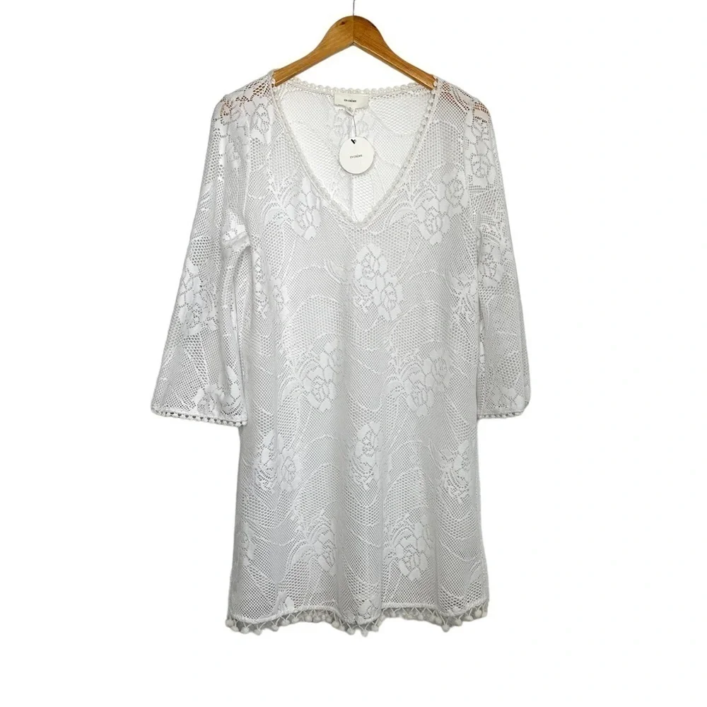 En Creme Womens Lace Swim Coverup Dress Sz Large White Bobble Trim